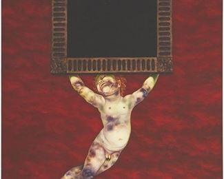 2110
Tom Allen
b. 1975, American
"Putto With Mirror," 2006
Oil on canvas
Signed with the artist's device and dated lower right; titled on the stretcher
56" H x 47" W
Estimate: $1,000 - $2,000