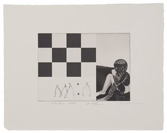 2114
Marlene Dumas (B. 1953, South African) And Rita McBride (B. 1960, American)
"Future Risk," 2005
Etching on paper
From the edition of 275; signed and titled in pencil lower margin: R. McBride / M. Dumas
11.25" H x 14.25" W
Estimate: $700 - $900