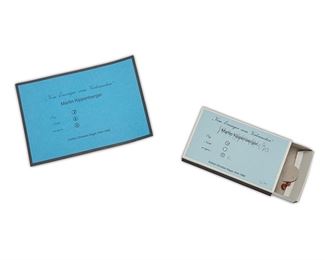 2121
Martin Kippenberger
1953-1997, German
"Vom Erzeuger Zum Verbraucher," 1990
Offset printing, paper, cardboard, and resin
Edition 8/34; signed and dated: [Illegible] / 1990
Announcement card: 4.25" H x 5.875" W; Box: .75" H x 4.375" W x 2.625" D
Estimate: $500 - $700