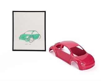 2123
Étienne Bossut
b. 1946, French
"New Beetle," 1998
Polyester resin and mixed media on tracing paper
Edition 1/12; signed and dated: E. Bossut / 01.98 / E.B. / 98
Drawing frame overall: 12" H x 9.5" W x .625" D; Car: 4" H x 13" W x 5.5" D
Estimate: $400 - $600