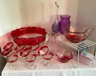 Vintage Punch Bowl and Colored Glassware
