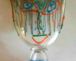 20" tall Venetian "Face" vase with colorful applied features, signed by the Murano artist with certificate. BONUS: Framed artist's drawing depicting this actual huge vase. Priced to sell!