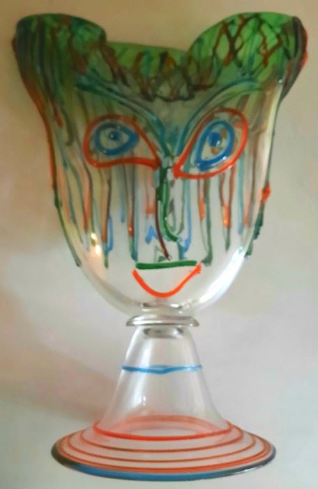 20" tall Venetian "Face" vase with colorful applied features, signed by the Murano artist with certificate. BONUS: Framed artist's drawing depicting this actual huge vase. Priced to sell!