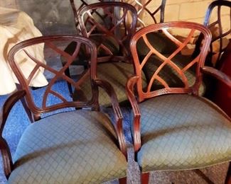 KINDEL Hepplewhite-style MAHOGANY chairs in almost new perfect condition with fine "trellis" upholstery.  The OVAL dining table expands for a crowd....   finest quality and craftsmanship at a fraction of cost!