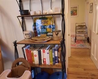 Baker's Rack in wrought iron and wood for display; wooden Oak baby chair, cookbooks, smalls, et c.  