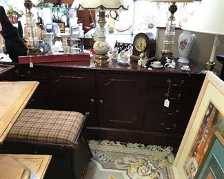 Love this credenza.  So much style.  Lamps, tables, footstools, rugs, pictures etc.