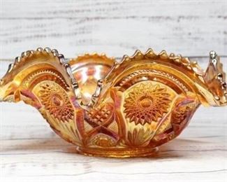 Vintage Imperial Marigold Luster Carnival Glass Ruffled Bowl