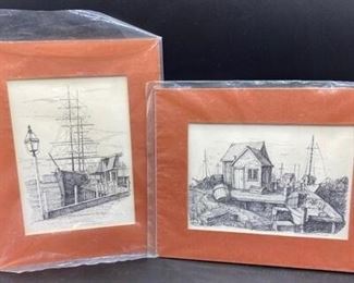 Pair of Clark M Goff Wharf Ship Boat Sketch Art