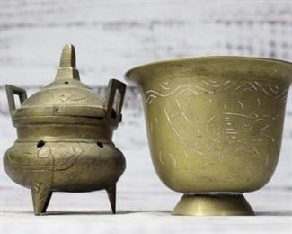Vintage Brass Chinese Incense Burner and Mortar Cup