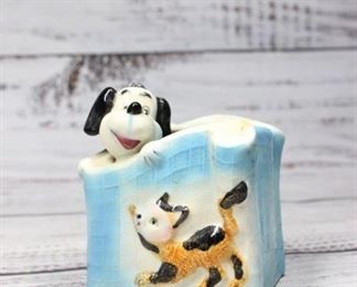Small Vintage Cat and Dog Ceramic Flower Pot Planter