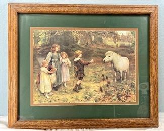 Framed Lithograph Art Print Children with Dog Horse by John Elsley