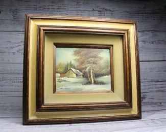 Vintage Small Framed and Signed Cabin Winter Painting