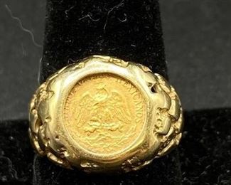 Vintage Mens 14k Yellow Gold Dos Pesos Coin Ring Nugget Style Band