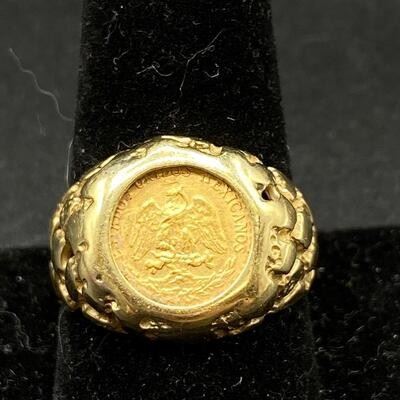 Vintage Mens 14k Yellow Gold Dos Pesos Coin Ring Nugget Style Band
