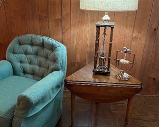 Mid-century club chair and triangular drop-leaf table, and table lamp