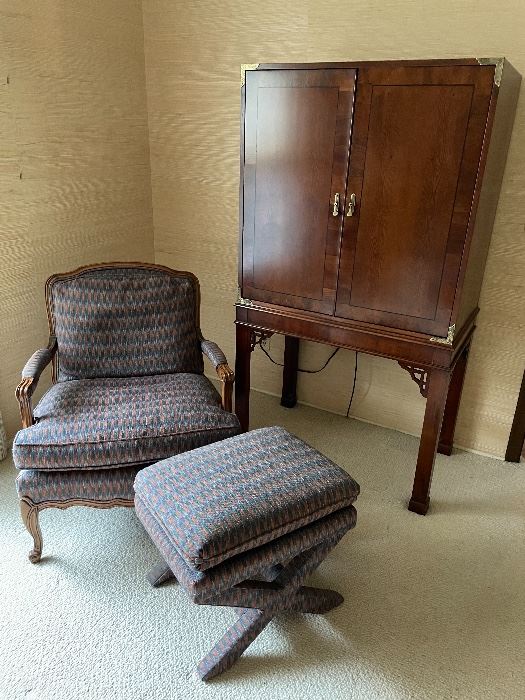 Asian-inspired TV Armoire/Bar, armchair, and ottoman