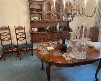 Dining table with 6 chairs, sideboard with hutch and dry bar also available