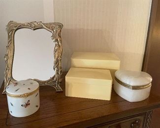 Vanity storage boxes, french mirror, and glass storage containers