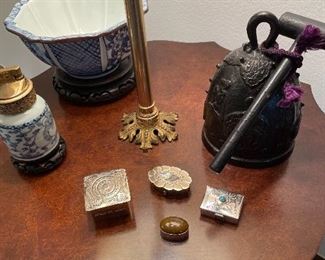 Bell chime, Asian pieces and silver-plated pill boxes
