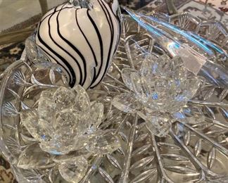 Blown glass zebra; crystal candle holders