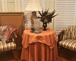 Matching curved back upholstered chairs; custom tablecloth and topper