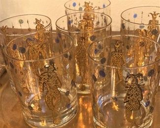 6 Vintage Culver lowball glasses .......... Mardi Gras pattern ............ raised textured 22kt gold jesters with painted jewels