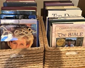 Organizing baskets; many coffee table books