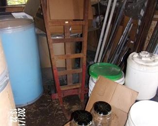 OLD RED PAINTED HAND CART-OLD GALLON JARS