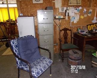 FILE CABINET- BARREL-SEVERAL CHAIRS-SEVERAL METAL UTILITY CABINETS