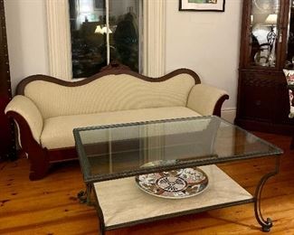 Camel Back Sofa - Glass and Iron Table with Travertine Tier Beneath (coffee table has matching end table)