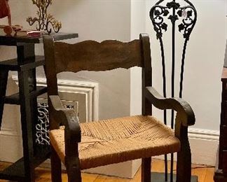 Rush Seat Antique Chair and Iron Lamp