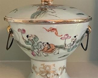 Antique Chinese Fruit Cooler, hand painted with Foo Dog Finial