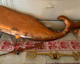 Vintage Copper Whale Weathervane with Brass N-S-E-W.