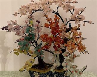 Large Chinese Oriental Bonsai Agate Glass Jade Tree