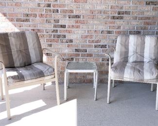 3~Piece Aluminum Patio Set ~ $60.00                            Chairs ~ 29" H x 26.5" W x 21" D                                          
Table ~ 16.5" H x 16" W x 16" D