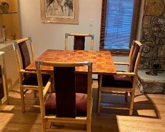 Game Table with Parket Tile Top and 4 Bamboo and Chrome Chairs ! Art in Background