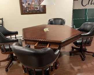 Frontgate Burbank Hexacon Shape Gaming Table. Includes 4 Leather Swivel Chairs. Table hosts drawers for chips and other accessories