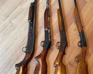 Starting from left- #1 Ithica Shotgun, #2 New England 22 Long Rifle, #3 Browning 410 Shotgun, #4 Remington 1148 (Remington needs work). There will be other guns available.