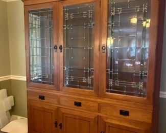 China Cabinet, Stickley With Leaded Panel Doors, Cherry Wood Mission Style