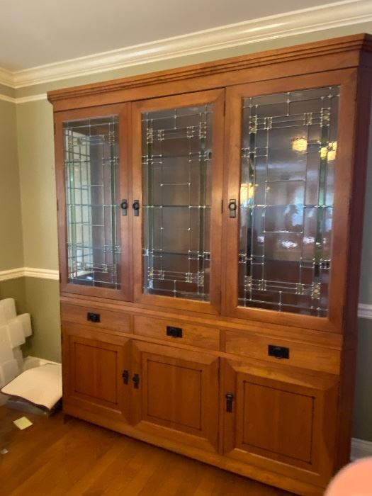 China Cabinet, Stickley With Leaded Panel Doors, Cherry Wood Mission Style