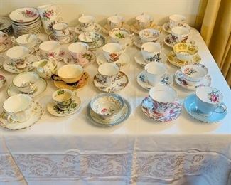 English Tea cups and saucers: Paragon, Cauldon, Royal Albert, Foley, Royal Grafton, Staffordshire, Royal Standard, Queen Anne, Colclough, 