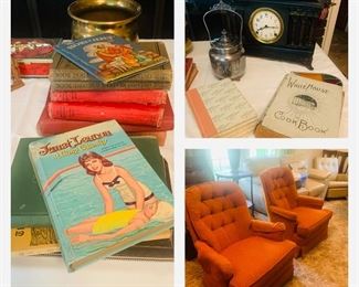 Books, retro slider rocking chairs, antique Sessions Clock, and silver Biscuit jar