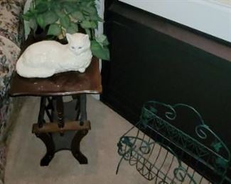 End Table, Ceramic Cat, Plant, Magazine Rack