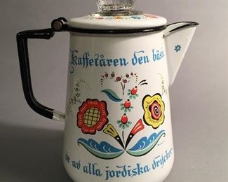 Large Berggren Enamelware Coffee Pot with Swedish Saying "Kaffetaren den basta ar av alla jordiska drycker"