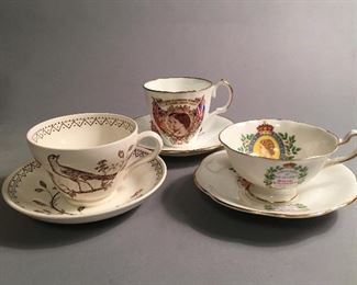Two Vintage Elizabeth II Coronation Teacups and Wedgwood “Williamsburg Aviary” Teacup and Saucer 