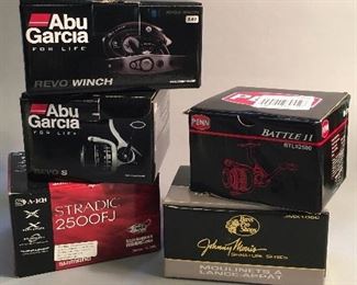 New in Original Box Fishing Reels to include Abu Garcia, Penn, Johnny Morris and Shimano 
