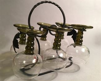 Vintage Set of 6 Wine Glasses Green Ribbed Stem Clear Etched Bowl with Wrought Iron Caddy Carrier Stand, probably Made in Germany 