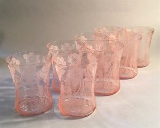 Vintage Pink Cambridge “Gloria” Pattern Glass Etched Tumblers 