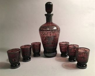 Venetian Amethyst Sterling Overlay Decanter Cordial Set