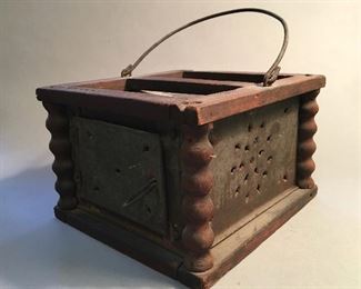 Primitive Punched Tin and Wood Foot Warmer 